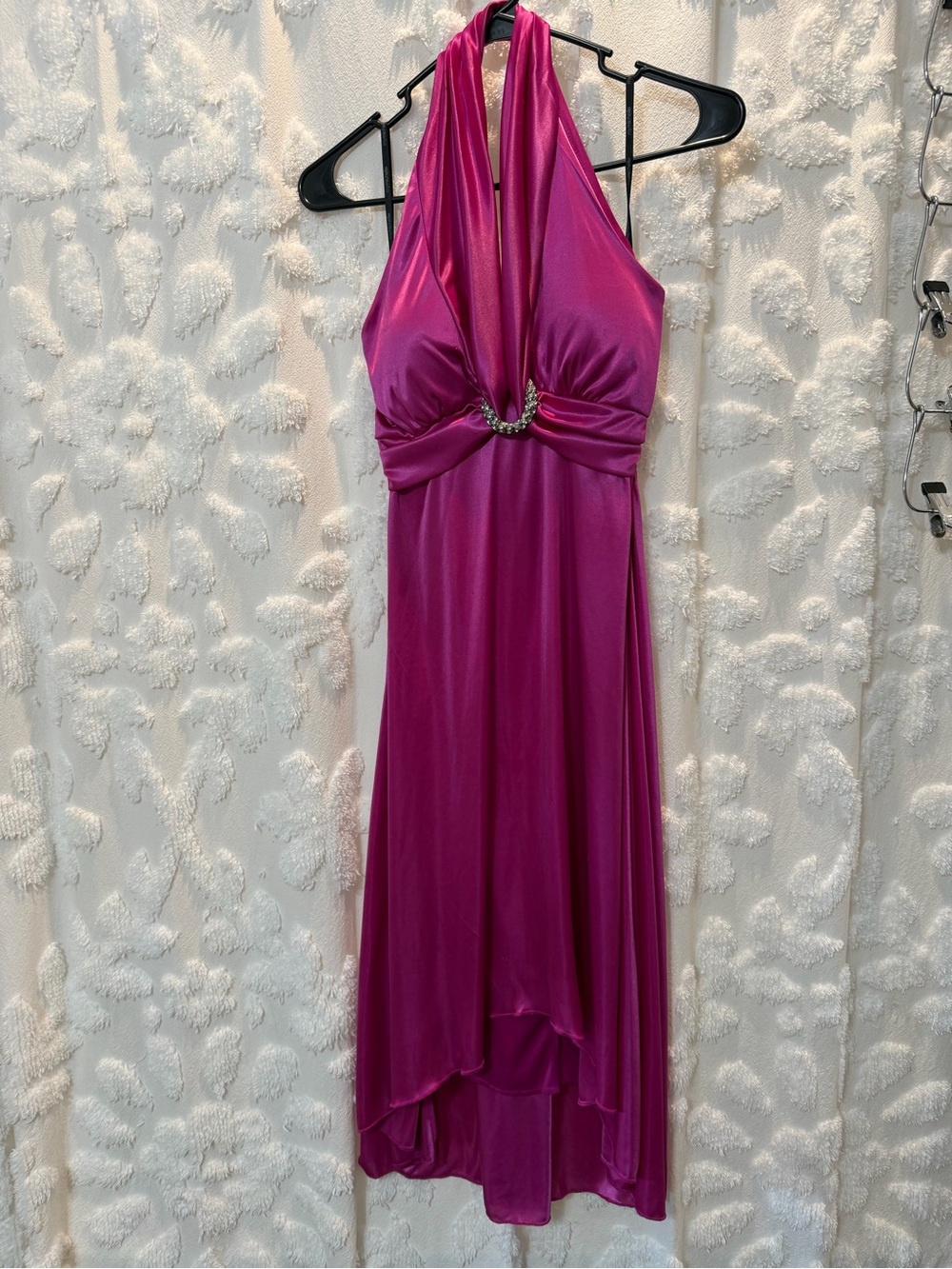 My Michelle Fuchsia Halter High-Low Dress with Rhinestone Detail